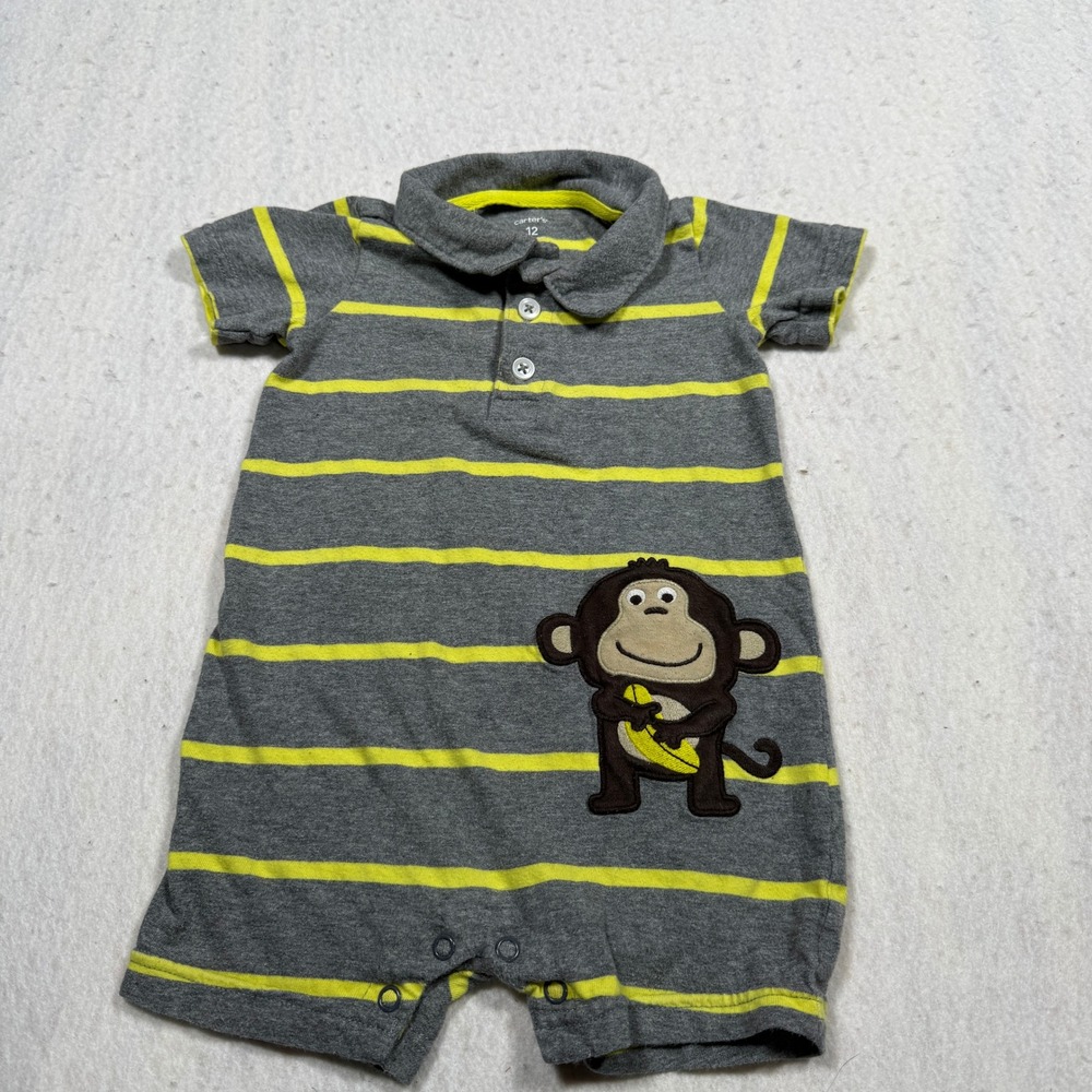 Carters Baby Boy Monkey Polo Romper Gray Yellow Striped 12 Months Short Sleeve